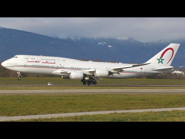 4K | Morocco Government Boeing 747-8(BBJ) CN-MBH landing & takeoff at Geneva/GVA/LSGG