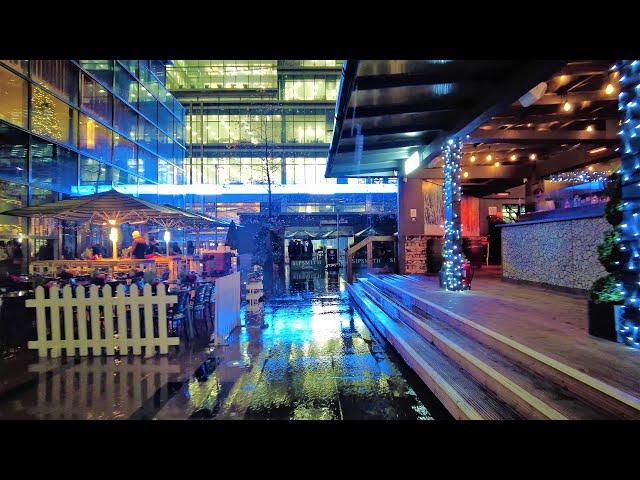 [4K] Canary Wharf at Night | Heavy Rain | London Walk