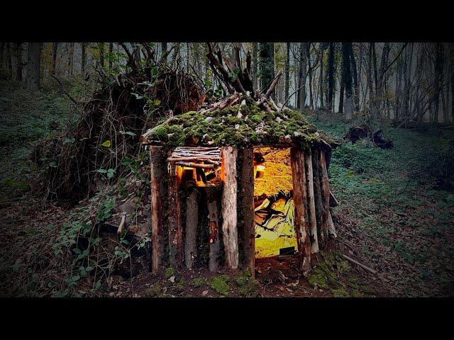 Building a Warm and Cozy Dugout For Survival. Bushcraft Log Shelter in Fallen Tree Root