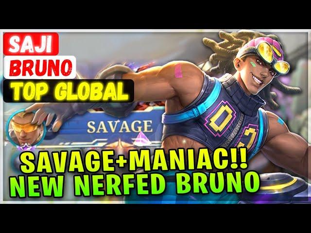 SAVAGE+MANIAC!! New Nerfed Bruno [ Top Global Bruno ] Saji Mobile Legends Gameplay Emblem And Build