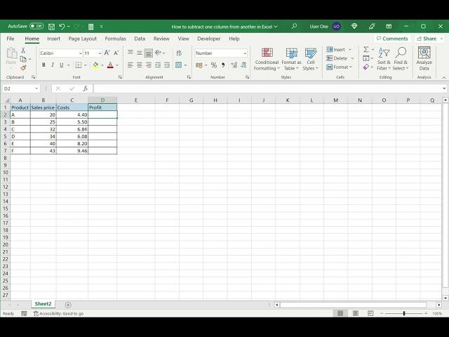 How to subtract one column from another in Excel