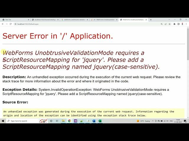 webforms unobtrusive validation mode requires a scriptresourcemapping for jquery