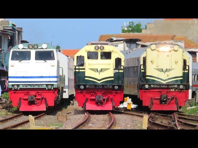 RAMAINYA PASUKAN KERETA API SIANG DI STASIUN KOTA SURABAYA : Lokomotif Livery Vintage & CC 203 WnB