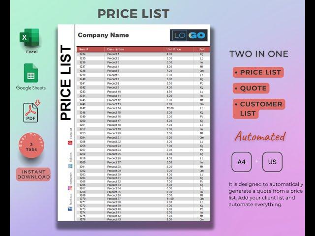 Excel price list template, Google sheets price list template, instant download