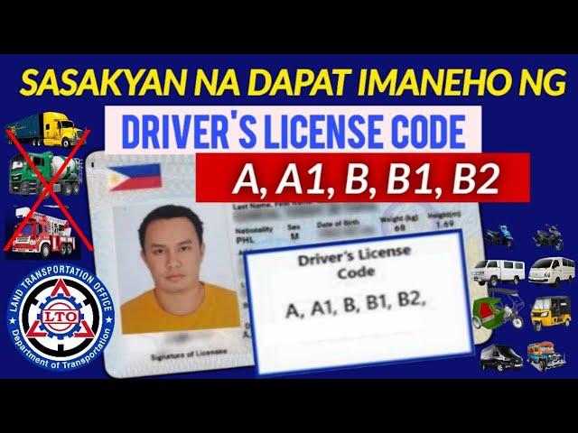 MGA SASAKYAN NA DAPAT LANG IMANEHO NG MAY DRIVER'S LICENSE CODE o DL CODE A, A1, B, B1 AT B2