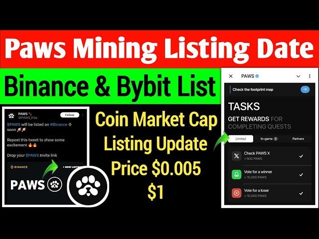 Paws Mining Listing Date Confirm | Binance & Bybit List | Coin Market Cap | Paws Price $0.0045