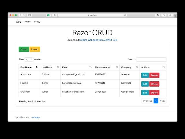 Razor Page CRUD in ASP.NET Core 3.1 with jQuery AJAX | Visual Studio 2019 for Mac | MySQL | SPA