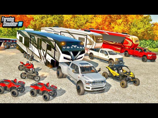 MILLIONAIRE REDNECK CAMPING & ATV RIDING! (45FT TOY-HAULER & DIESEL TRUCKS) | FARMING SIMULATOR 22