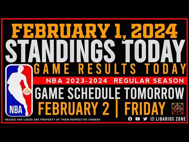 NBA STANDINGS TODAY as of FEBRUARY 1, 2024 |  GAME RESULTS TODAY | GAMES TOMORROW | FEB. 2 | FRIDAY
