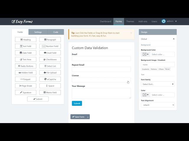 Custom Data Validation - Easy Forms