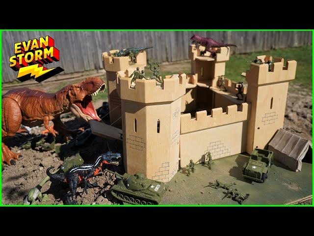 PLASTIC ARMY MEN Castle VS Dinosaurs backyard Play at Home