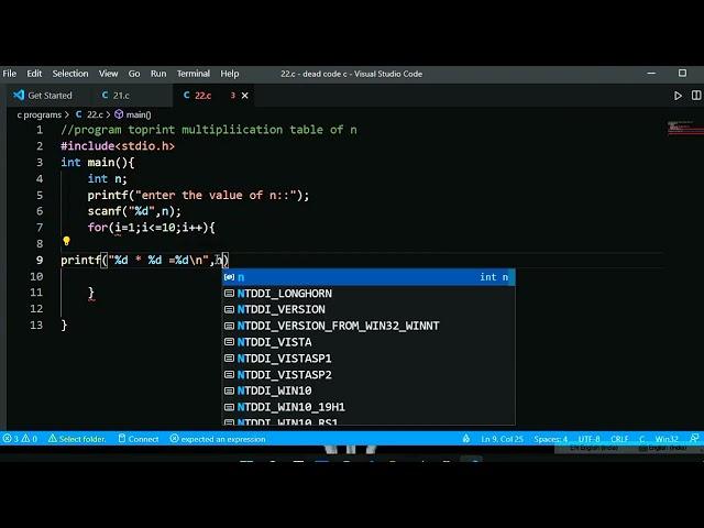 #22 C program to print multiplication table of n