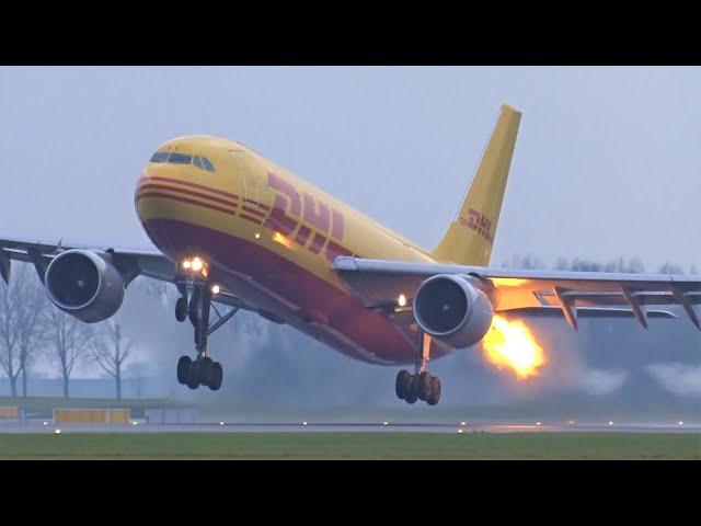 DHL A300-600F BIRDSTRIKE & FLAMES From The Engine On Take-off, At Amsterdam Schiphol Airport