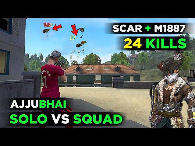 OMG! 24 KILLS SOLO VS SQUAD OVERPOWER AJJUBHAI GAMEPLAY WITH SCAR + M1887 - FREE FIRE HIGHLIGHTS