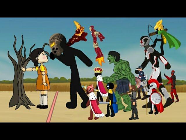 STICK WAR with AVENGERS VS SQUID GAME | Drawing Cartoons 2 Animation