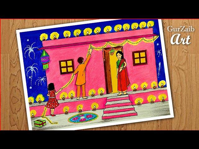 How to happy Diwali celebrations scenery drawing || Indian festival deepawali poster making