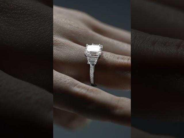  Exquisite Lab-Grown Emerald Cut Three-Stone Engagement Ring with Trapezoid Accents | Timeless 