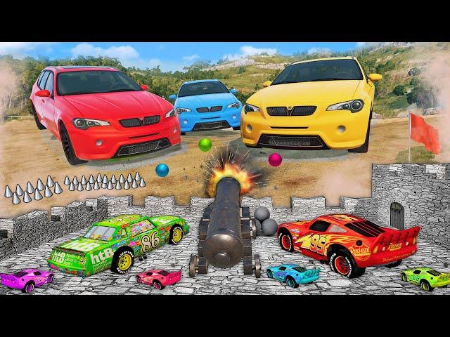 THE BIGGEST CARS vs Tiny PIXAR CARS! Castle Defense in BeamNG.drive