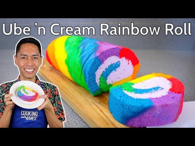 Ube 'n Cream Rainbow Roll: Rainbow Chiffon with Ube Whipped Cream Frosting | Cooking with Kurt