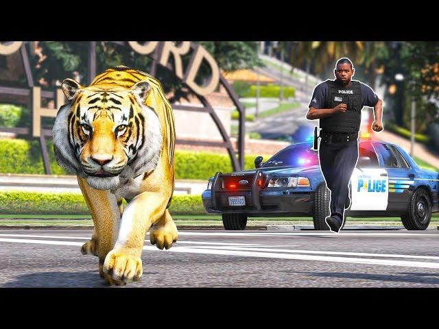 Tiger escapes from the Zoo... Cops give chase!! (GTA 5 Mods)