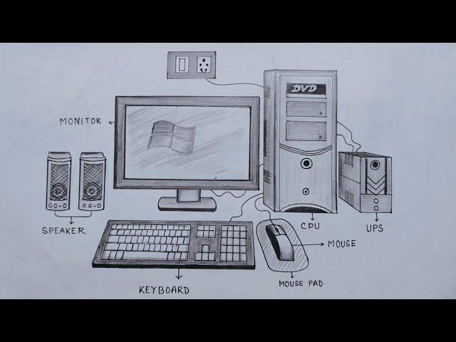 How to draw desktop computer step by step very easy method/Computer parts drawing