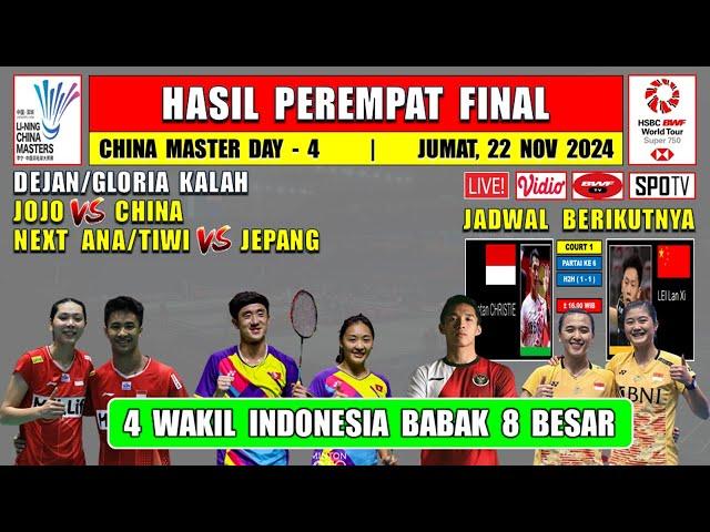 Hasil 8 Besar China Master 2024 Hari Ini ~ DEJAN/GLORIA Kalah ~ 4 Wakil Indonesia Babak 8 Besar