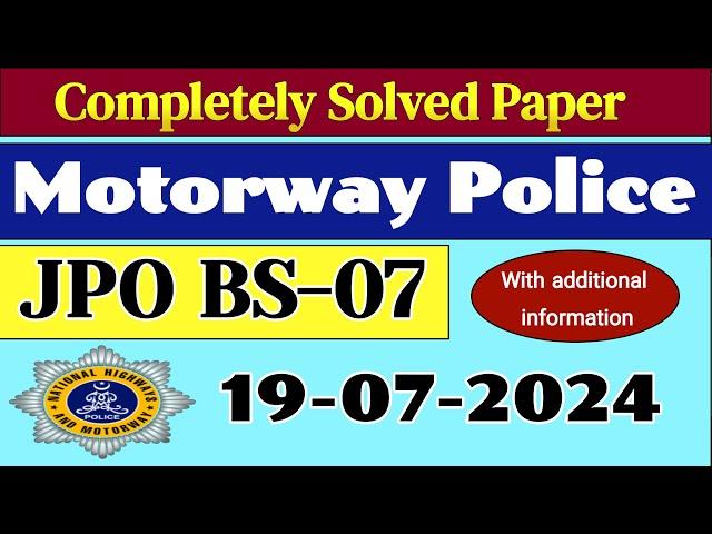 TODAY NHMP JUNIOR PATROLLING OFFICER SOLVED PAPER | JPO SOLVED PAPER 19-7-2024 | PPSC