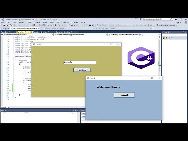 C# tutorial| How to make controls(labels, buttons, and textboxes) public between forms in C#