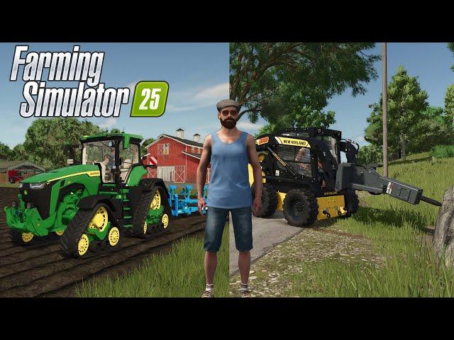 FS25.ФЕРМА С НУЛЯ! ДОБЫЧА КАМНЕЙ НА ФЕРМЕ. ПАШЕМ ПОЛЕ НА JOHN DEERE