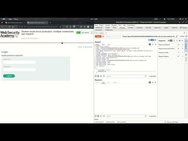 2.13 Lab: Broken brute-force protection, multiple credentials per request