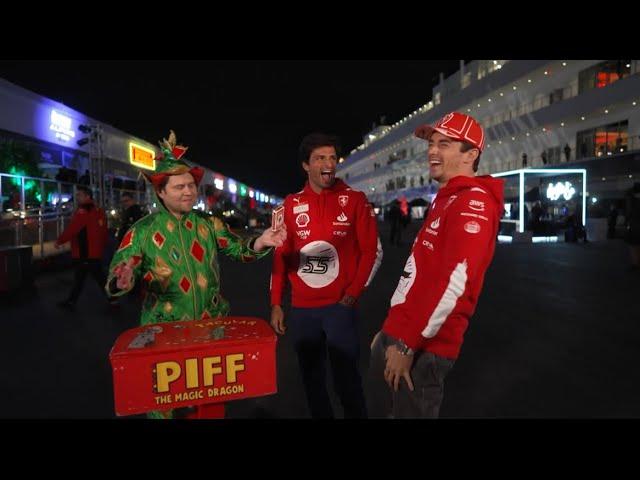 Piff the magic dragon shows Carlos and Charles some magic tricks at the Vegas GP