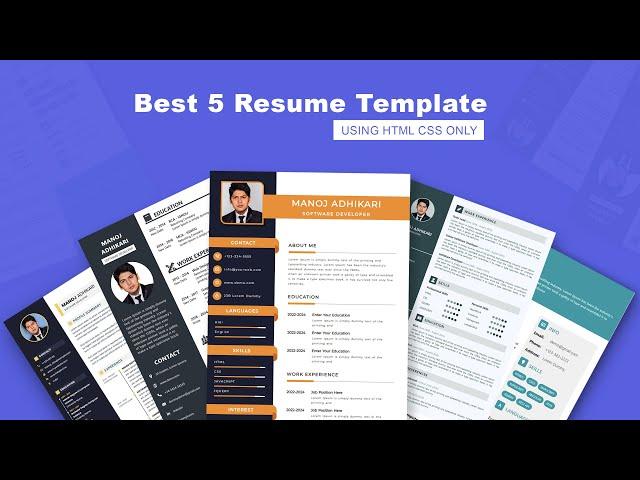 Best 5 Resume Template Using html css only  -- Resume Design -- CV Design