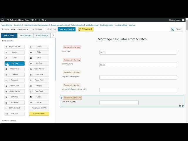 Creating a mortgage calculator with the Calculated Fields Form WordPress plugin from scratch.