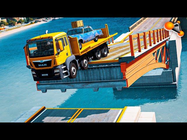 BeamNG.drive - Cars Jump Over A Destroyed Bridge