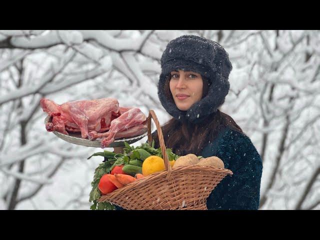 Cooking tandoori lamb with saffron and vegetables on a snowy winter day!