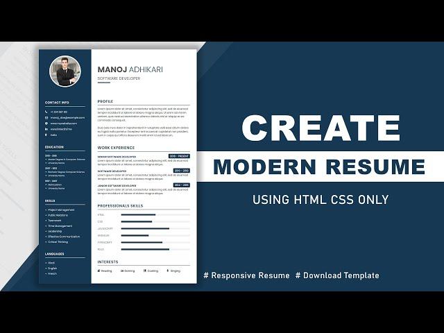 How to create the Resume CV design using HTML and CSS -- Responsive  Resume Design -- CV Design