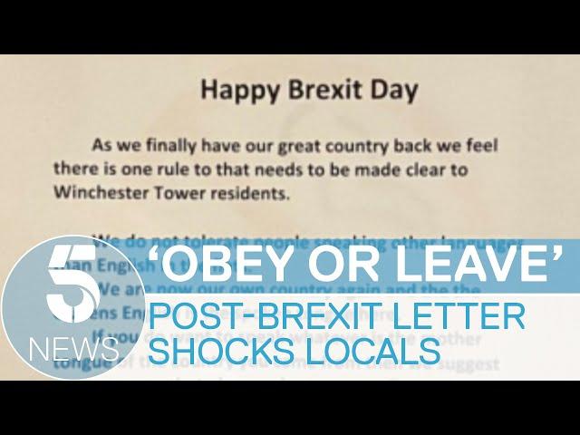 'Happy Brexit Day' signs at Norwich flats tell residents to 'only speak English' | 5 News