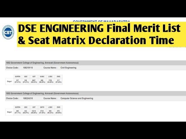 DSE ENGINEERING Final Merit List & Seat Matrix Declaration Time