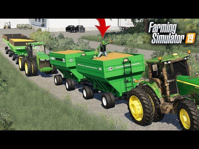 FS19- HAULING GRAIN WITH OUR NEW HIRED HAND! (FARMER NICK) & NEW GRAVITY WAGONS