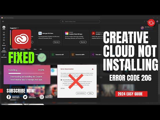 FIX  Adobe Creative Cloud 2024 "Server Connection" Error 206 (Install Stuck!)