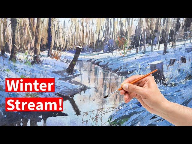 How to Paint a Winter Stream with Snow in Watercolor!