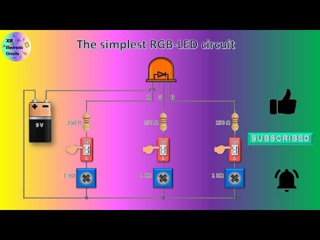 RGB LED circuit on breadboard. Red, Green, Blue 4 pin LED electronic circuit,Common cathode,colorful