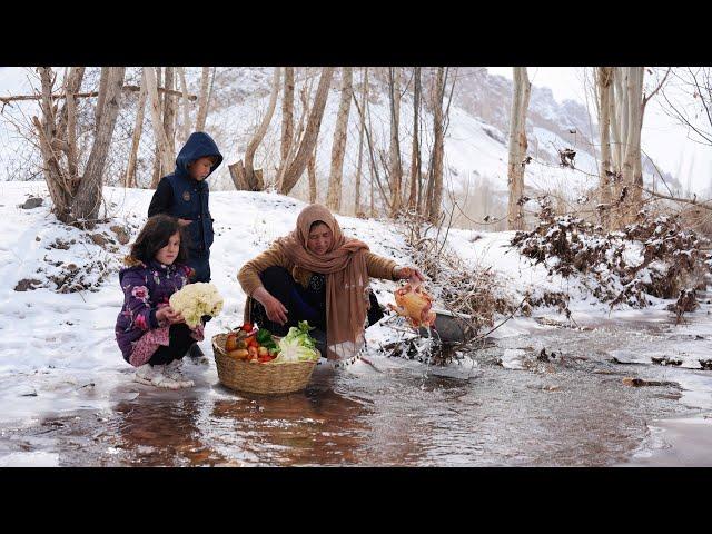 Grandma & Children Cooking Organic Food in Freezing Cold Weather |Afghanistan Village life in Winter