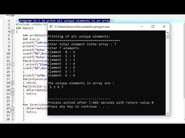 program in C to print all unique elements in an array