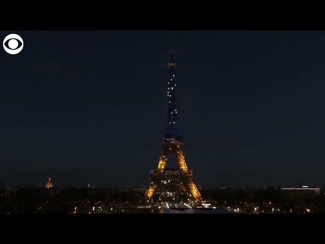 Eiffel Tower illuminated in Ukraine's national colors