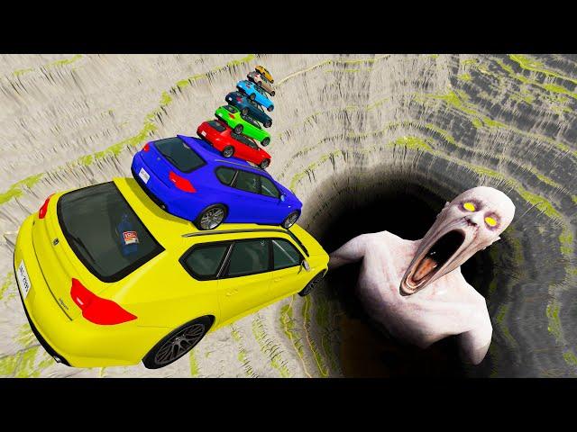 Epic Escape From The Shy Guy (SCP-096) | Colored Big & Small Cars VS Giant Pit | BeamNG.Drive Beamax