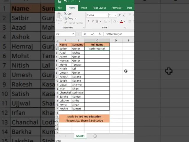 Flash Fill- Full Name- Excel tips & Tricks from @todfodeducation