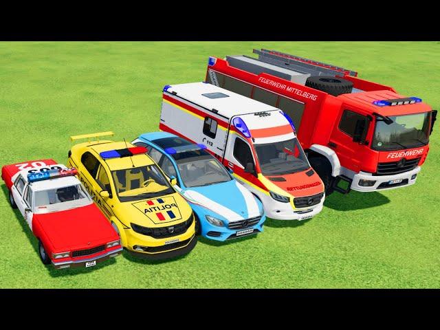 TRANSPORTING POLICE VEHICLES, AMBULANCE CAR, FIRE DEPARTMENT WITH TRUCKS ! Farming Simulator 22