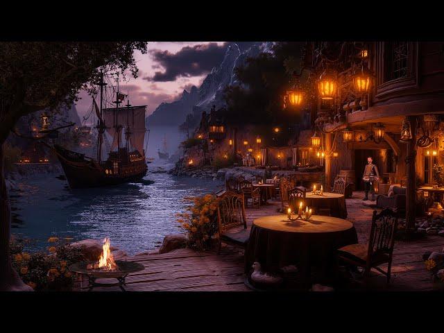 Cozy Tavern Ambience - Relaxing Medieval Terrace Night Sounds - Waves & Crackling Fire