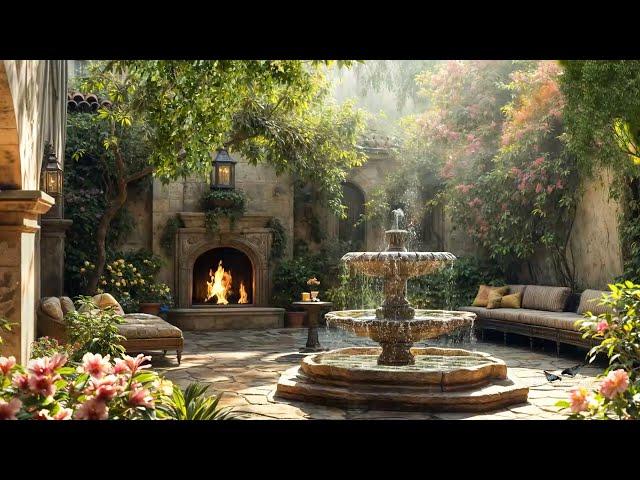 Spring Courtyard Bliss | Singing Birds, Crackling Fireplace, Wind Chimes & Gentle Fountain Sounds